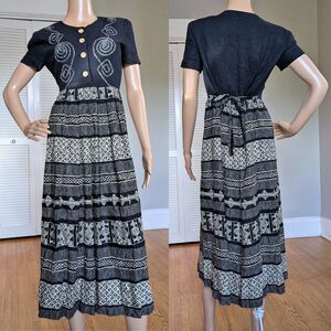 Vintage 90s Jessica Howard Midi Dress Linen Blend Cottagecore Folk Size 6